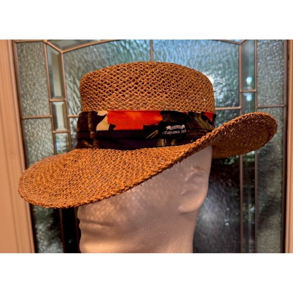 Vintage Original Panama Jack Straw Sun Hat Tropical Floral Band Beach Fedora S/M
